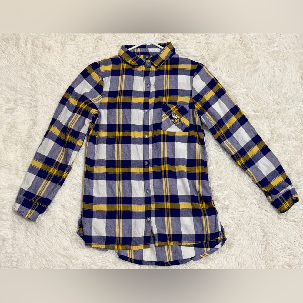 Minnesota Vikings Plaid Button DownShirt NFL Apparel Women’s Small Purple Gold
